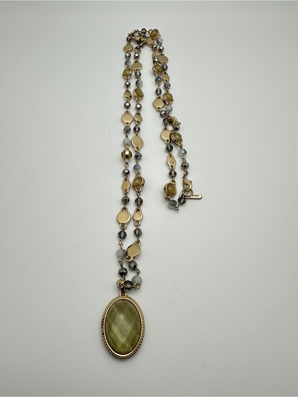 Gold-Tone Olive Stone Pendant Layered Necklace